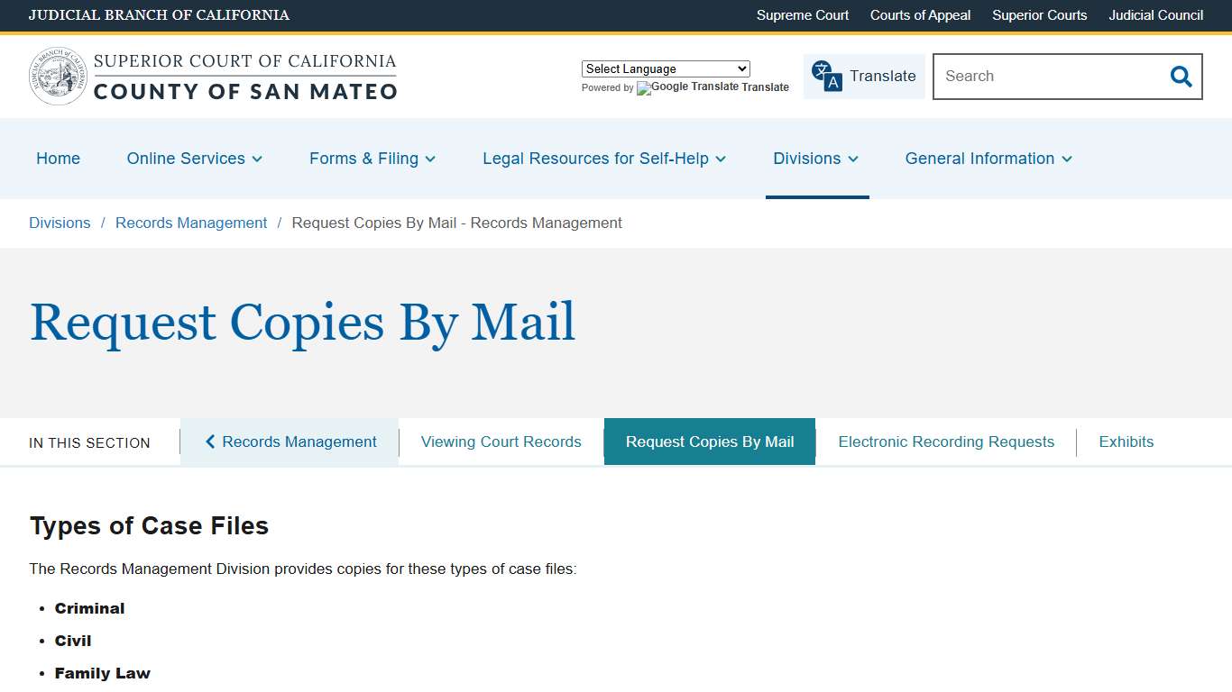 Request Copies By Mail - Records Management Superior Court of California County of San Mateo