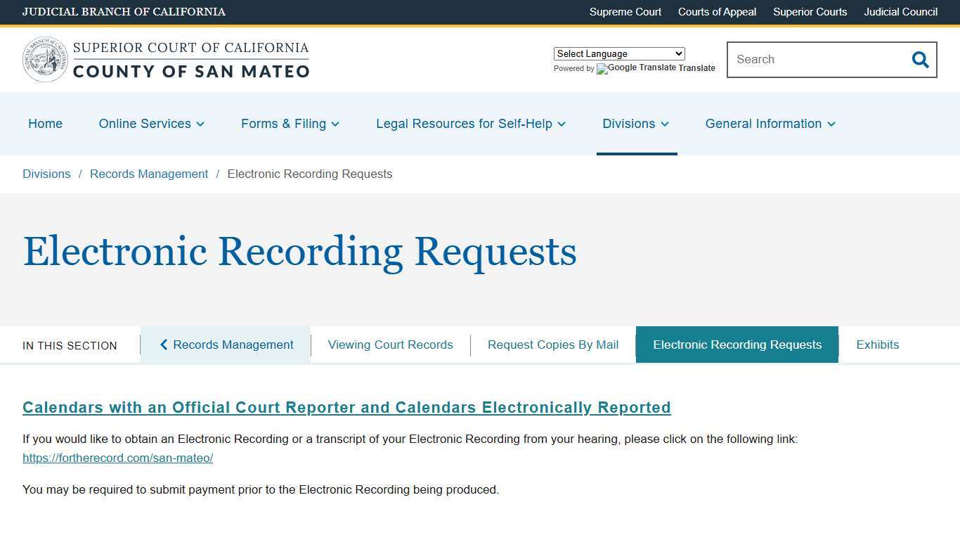 Electronic Recording Requests Superior Court of California County of San Mateo
