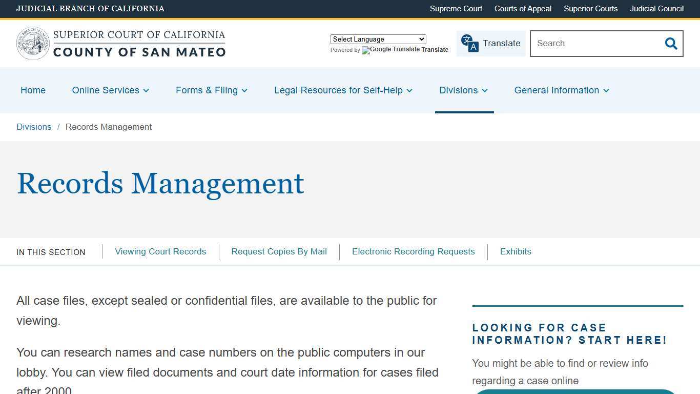 Records Management Superior Court of California County of San Mateo